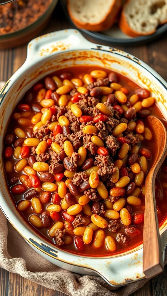 Hearty 5 bean baked beans with hamburger in a casserole dish, garnished with a wooden spoon and crusty bread.